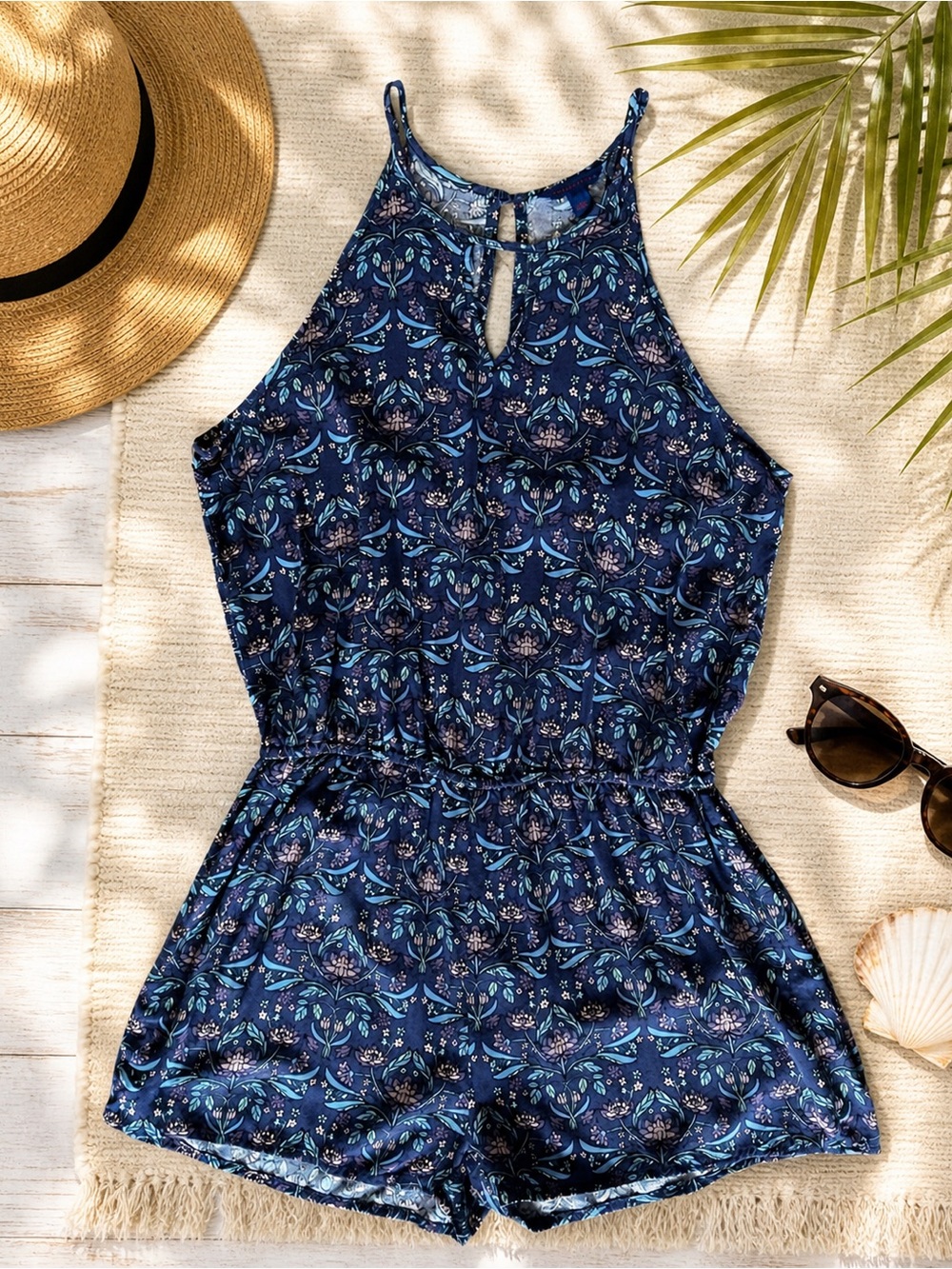 Aeropostale Floral Romper Women’s Small blue Boho Festival Rayon Sleeveless